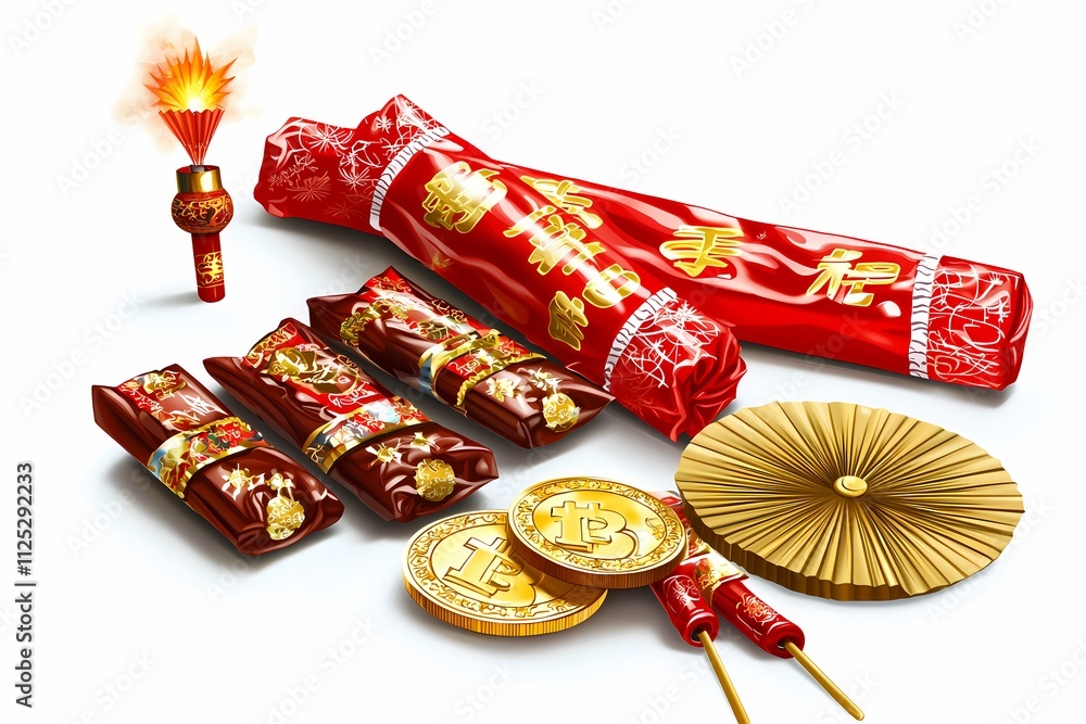 Fototapeta premium Festive Chinese New Year Celebration with Firecrackers and Coins