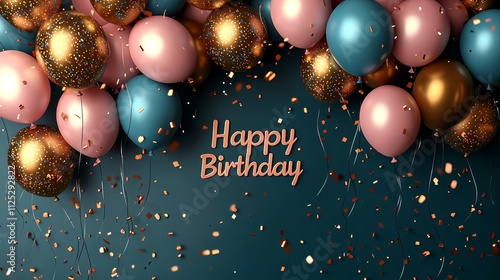 a bunch of balloons with confetti and the words happy birthday