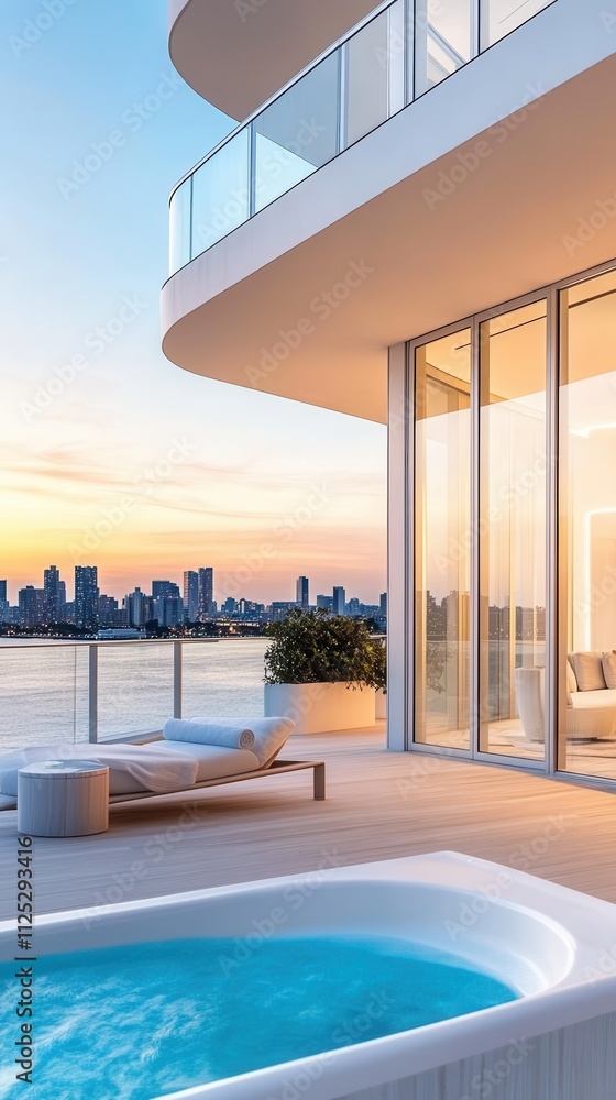 Obraz premium Penthouse Balcony with Jacuzzi and Sunset City Views