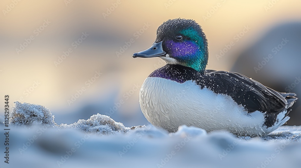 Obraz premium A duck sitting on top of snow covered ground