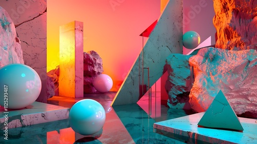 An abstract arrangement of colorful shapes, including ellipsoids and pyramids, drifting in a tranquil environment photo