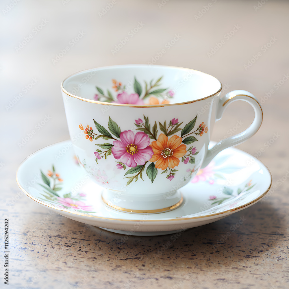 Delicate floral porcelain cup and saucer on a rustic table surface, photography of still life concept. Delicate floral porcelain cup and saucer on a rustic table surface, photography of still life concept.