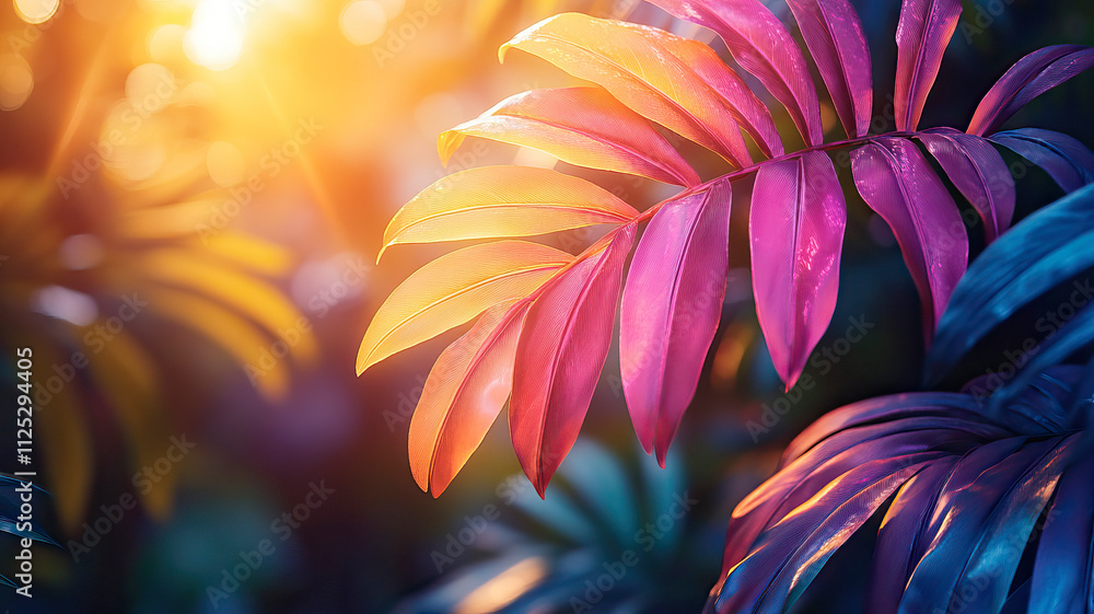 Expressive vivid rainbow palm leaves lit by sunbeams. Expressive vivid rainbow palm leaves lit by sunbeams.