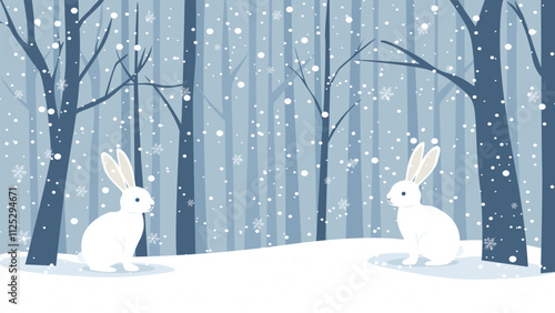 Rabbits in the winter forest. Beautiful winter snowy forest frame. Winter forest landscape with cute hares in the snowdrifts. White hares. Christmas nature vector illustration.