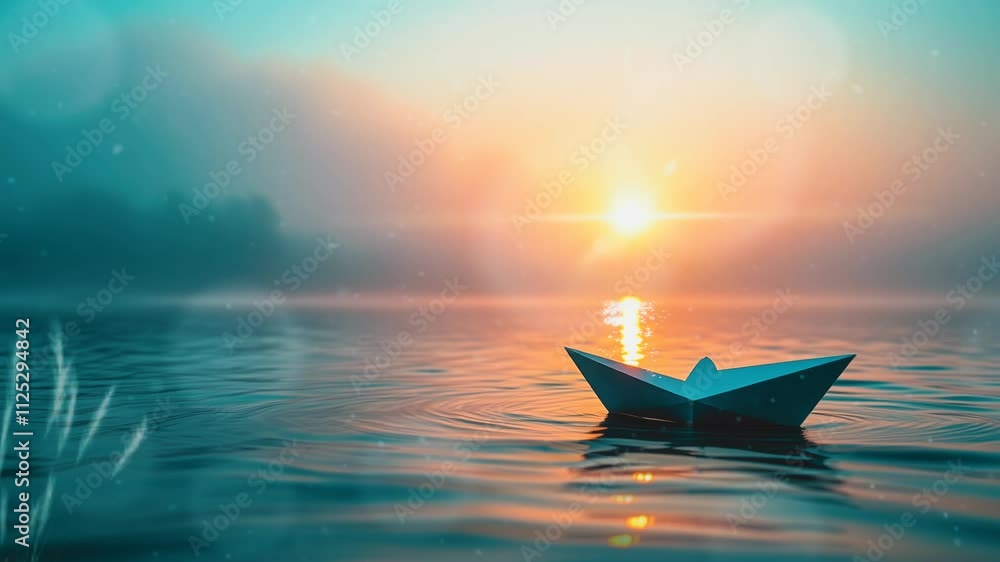 Tranquil sunset with solitary paper boat on serene water, smooth looping video with 4K animation Tranquil sunset with solitary paper boat on serene water, smooth looping video with 4K animation