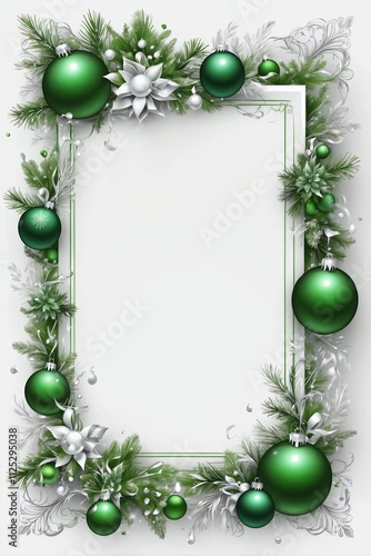 Slim Elegant Frame with Exquisite Green Christmas Ornaments and Silver Accents on a Clean White photo