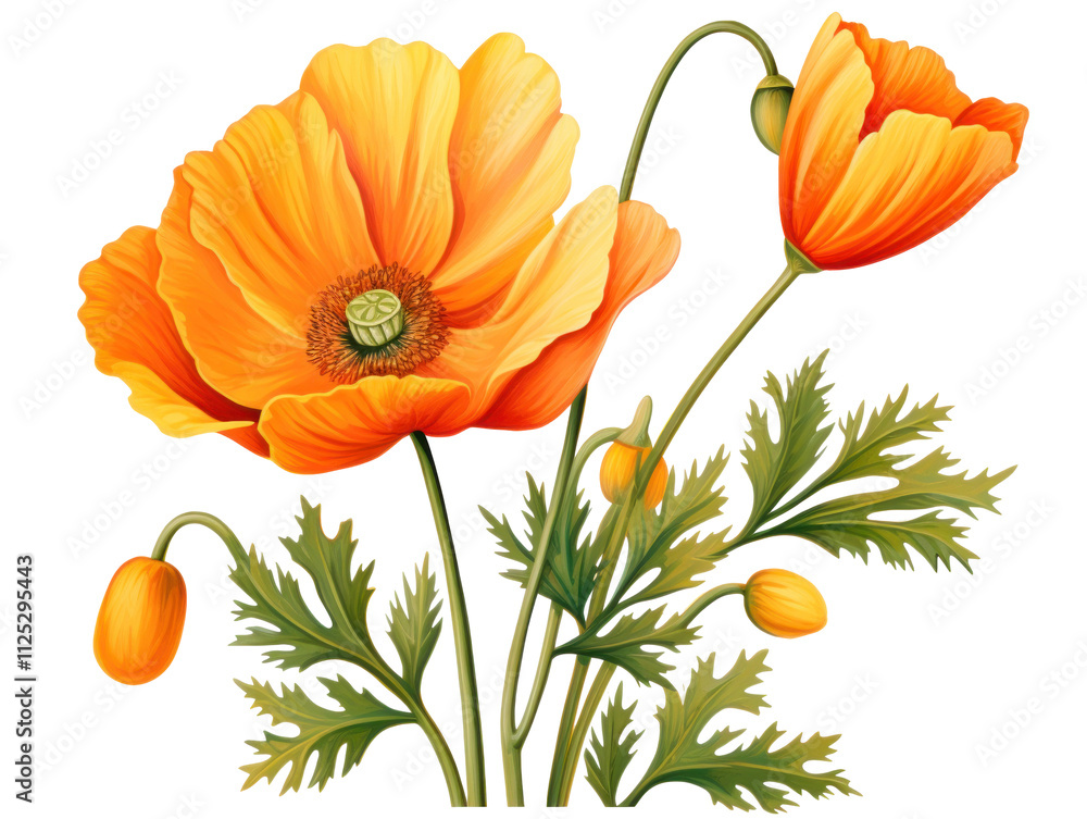 Fototapeta premium Vibrant Orange Poppy Flowers with Green Foliage