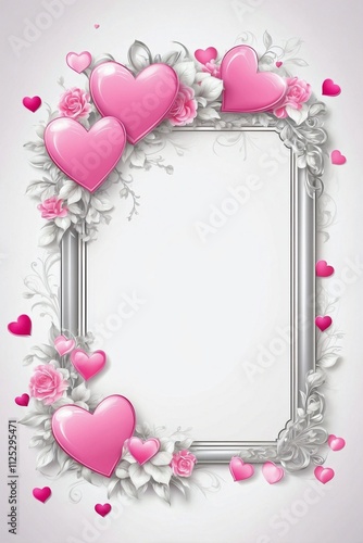 Slim Elegant Frame with Delicate Pink Hearts and Floral Decorations on a White Background photo