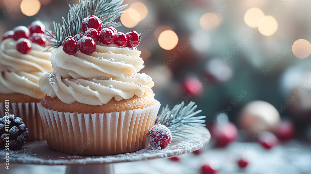 Festive Christmas cupcakes decorated with red and white frosting, sprinkles, and berries, surrounded by pine cones and ornaments on a wooden table. Festive Christmas cupcakes decorated with red and white frosting, sprinkles, and berries, surrounded by pine cones and ornaments on a wooden table.