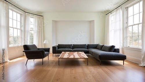 Bright living room interior with white empty wall