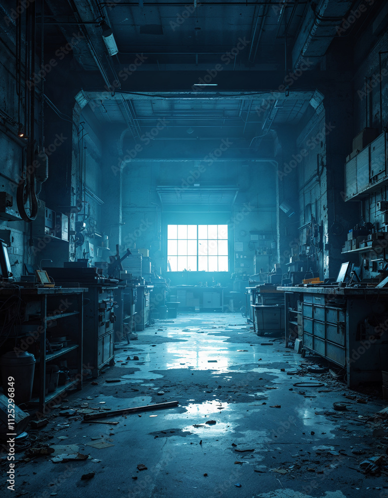 Dark Empty Warehouse Interior with Scattered Tools and Cluttered Workbenches Dark Empty Warehouse Interior with Scattered Tools and Cluttered Workbenches