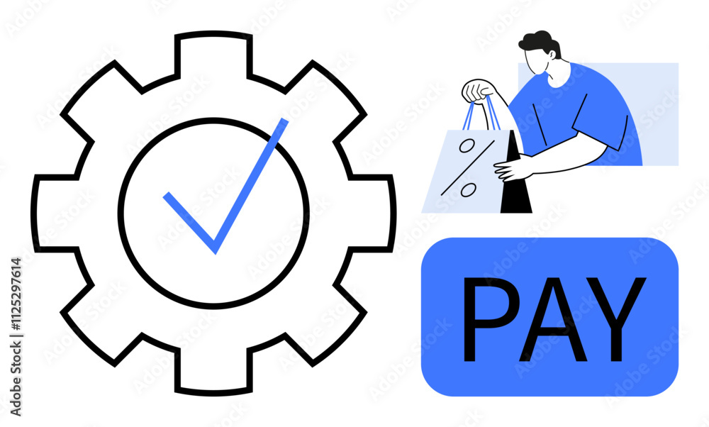 Gear with a checkmark for confirmation, person with shopping bags, and a PAY button. Ideal for ecommerce, online payments, shopping apps, digital transactions, retail security, convenience services Gear with a checkmark for confirmation, person with shopping bags, and a PAY button. Ideal for ecommerce, online payments, shopping apps, digital transactions, retail security, convenience services