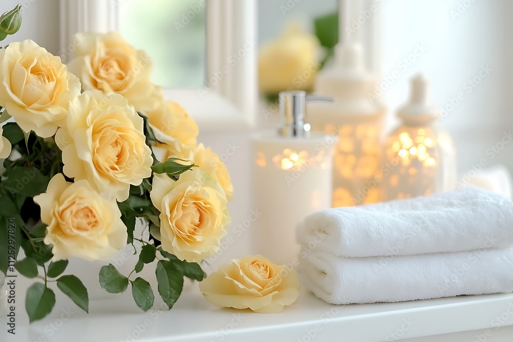 Bathroom interior with bath accessories and yellow roses in vase Bathroom interior with bath accessories and yellow roses in vase