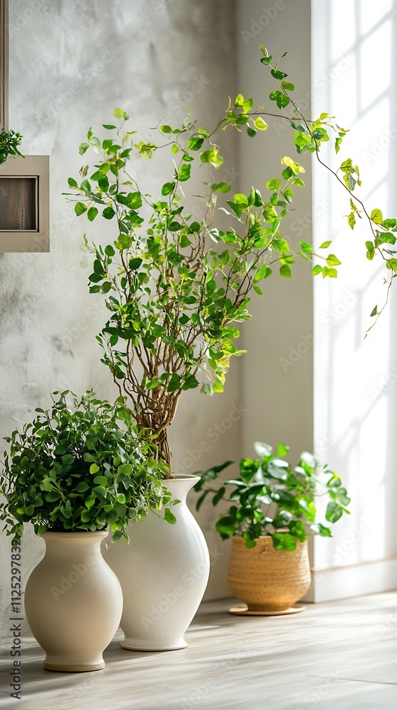 Beautiful flowers in vases on the windowsill. Interior design Beautiful flowers in vases on the windowsill. Interior design