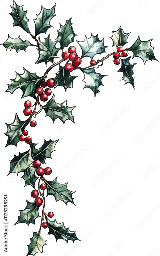 Fototapeta premium Holly Branch with Red Berries and Green Leaves
