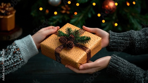 Elf workshop scene with tiny hands wrapping gifts cozy holiday environment close-up viewpoint heartwarming concept for festive cheer