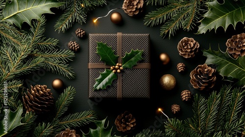 Festive gift box surrounded by holiday decor indoor setting still life cozy atmosphere top-down view celebration concept