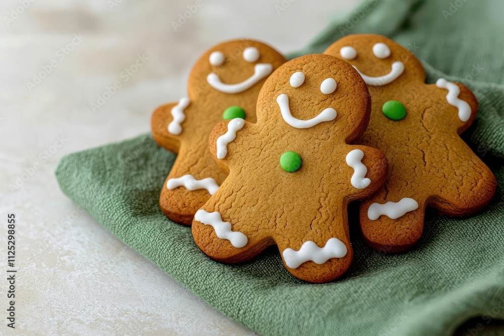 holiday cookies themes. Gingerbread men cookies with smiling faces arranged on a holiday napkin, holiday cookies, playful festive vibes holiday cookies themes. Gingerbread men cookies with smiling faces arranged on a holiday napkin, holiday cookies, playful festive vibes