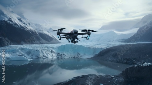 A photo of a drone flying above a glacier.
