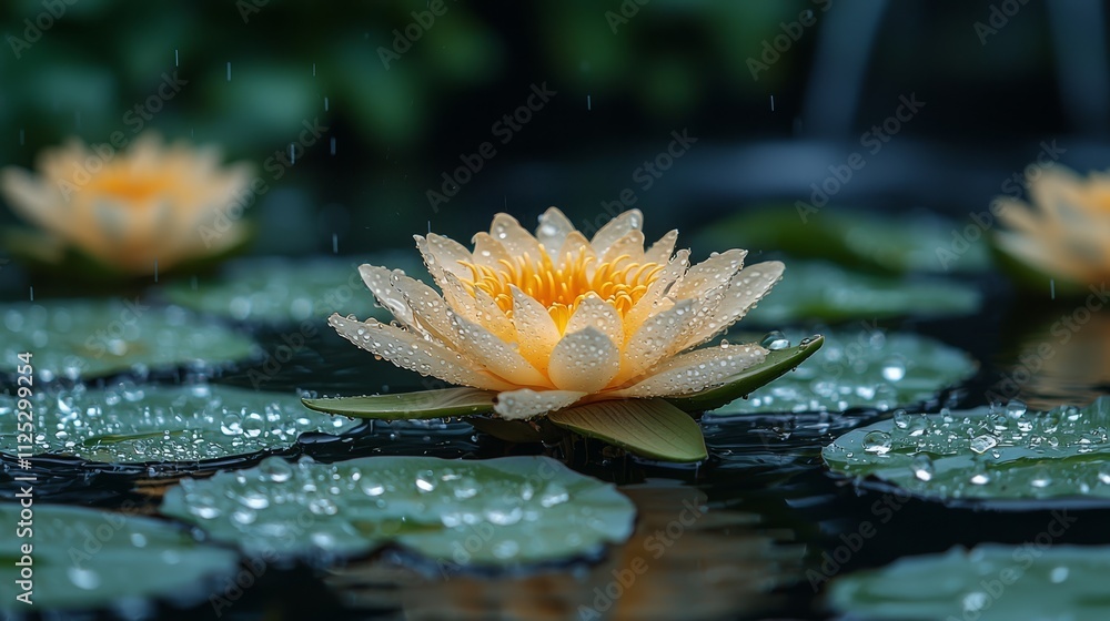 A yellow water lily in the middle of a pond with lily pads A yellow water lily in the middle of a pond with lily pads