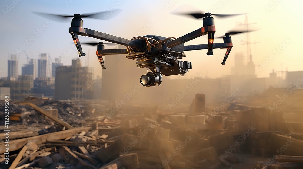 A photo of a drone flying over a construction A photo of a drone flying over a construction