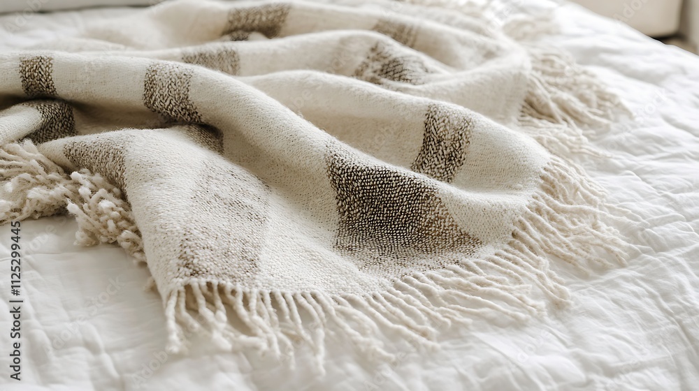 White knitted plaid on bed in cozy bedroom interior White knitted plaid on bed in cozy bedroom interior