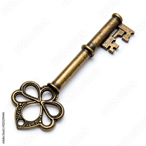 Beautifully crafted ornate key with intricate design and vintage finish, photography of still life concept.