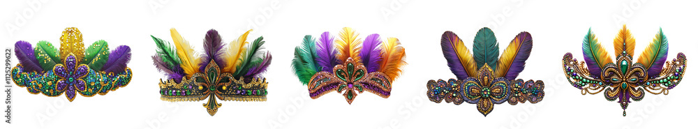 Fototapeta premium Colorful Feathered Mardi Gras Headdress with Intricate Beadwork and Vibrant Patterns on transparent background, png