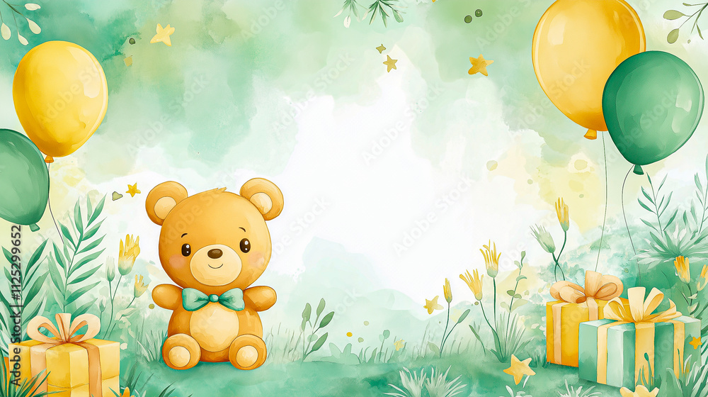 birthday background with balloons, gifts and a teddy bear, watercolor style. for postcards. for banners. birthday background with balloons, gifts and a teddy bear, watercolor style. for postcards. for banners.