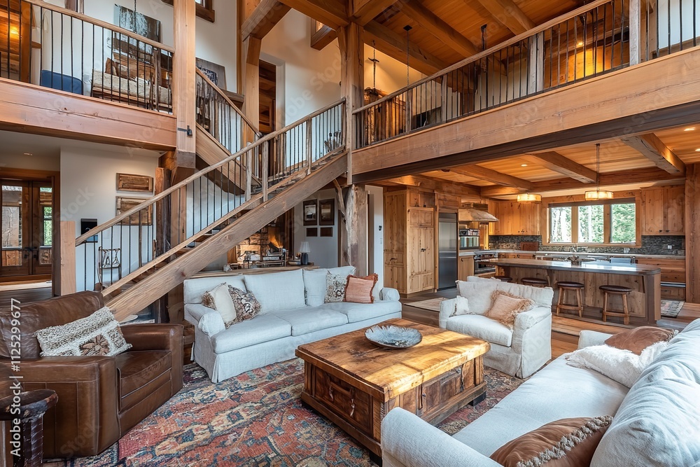A contemporary living area with a wooden staircase in a farmhouse property. Generative AiA contemporary living area with a wooden staircase in a farmhouse property. Generative Ai A contemporary living area with a wooden staircase in a farmhouse property. Generative AiA contemporary living area with a wooden staircase in a farmhouse property. Generative Ai