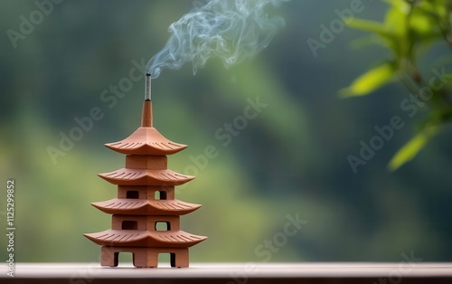 incense pot concept. Incense pot shaped like a pagoda, smoke flowing from its roof, incense incense pot, architectural and spiritual harmony photo