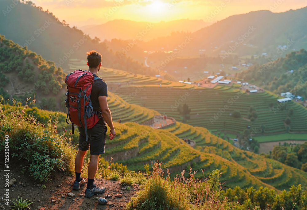 Backpacker admiring the sunset over rice paddies in a valley Backpacker admiring the sunset over rice paddies in a valley