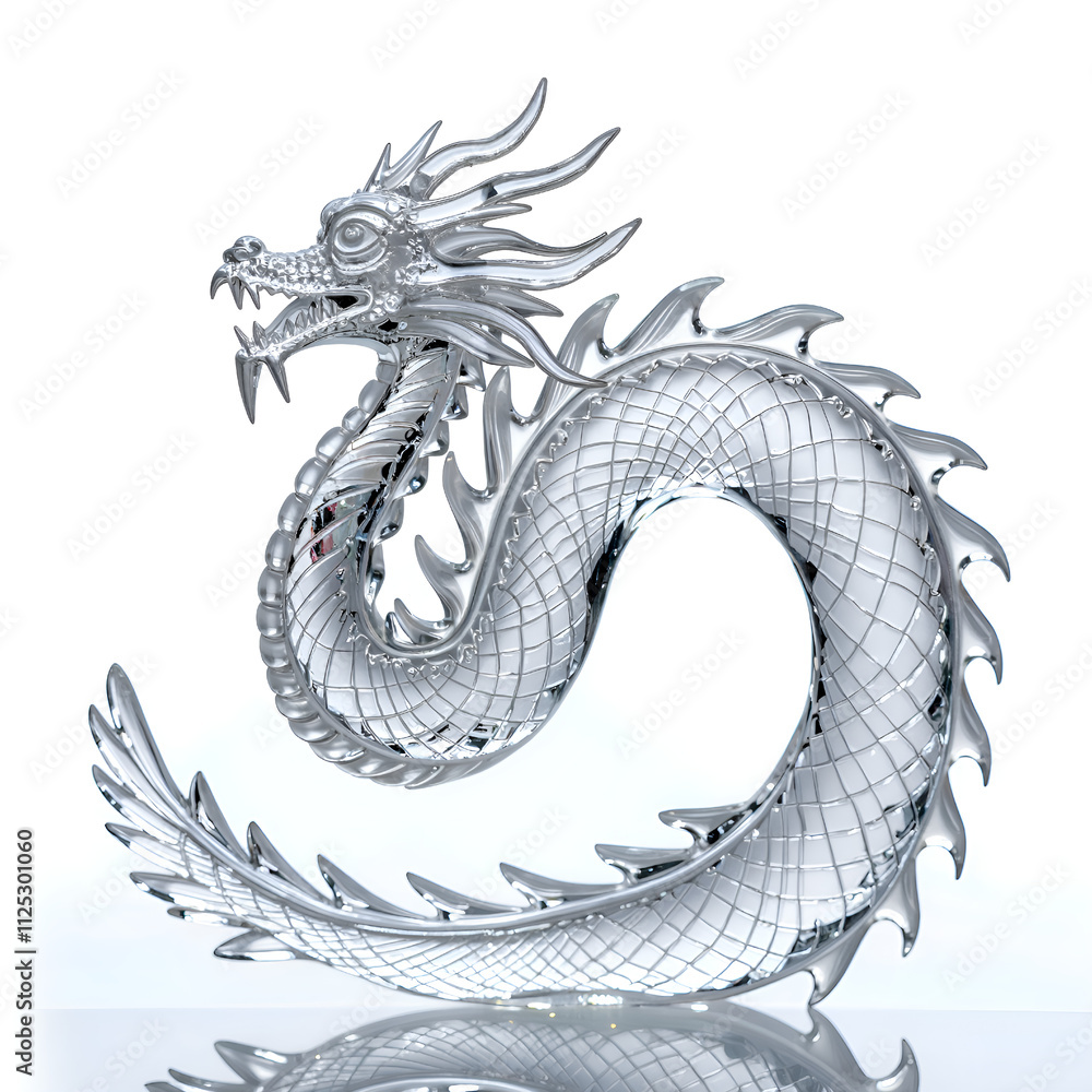 Obraz premium Intricately designed silver dragon sculpture with elegant swirling form, 3d rendering of sculptural art concept.