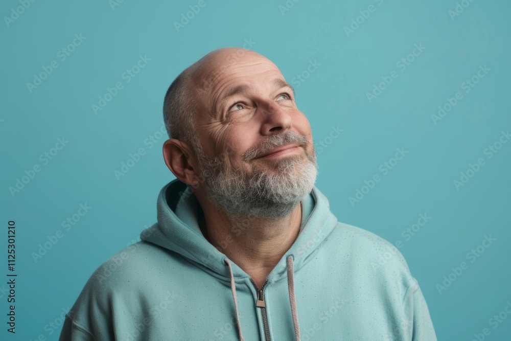 Portrait of a blissful man in his 50s wearing a zip-up fleece hoodie isolated in pastel blue background Portrait of a blissful man in his 50s wearing a zip-up fleece hoodie isolated in pastel blue background