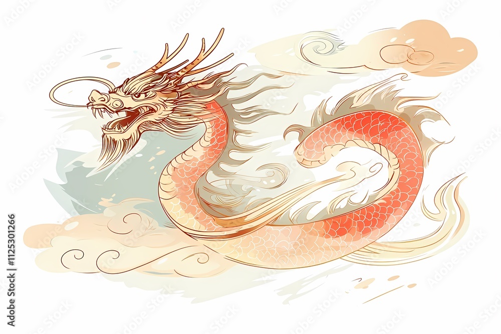 Obraz premium Majestic Dragon Illustration with Flowing Clouds and Vibrant Colors