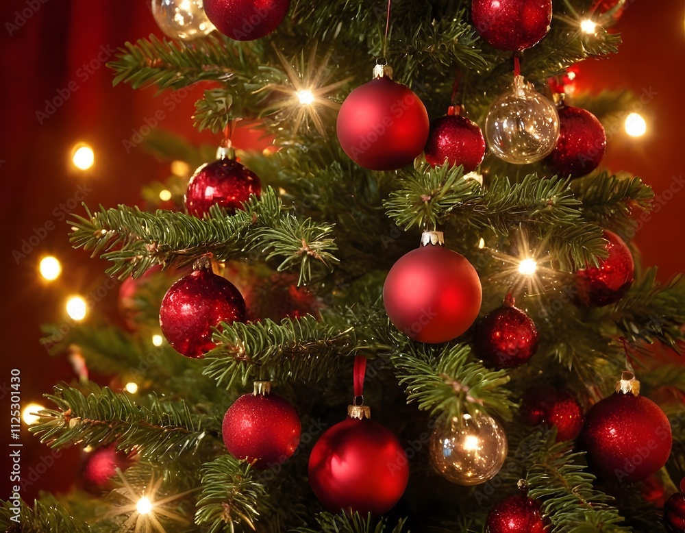 christmas tree with ball light and ornament decoration isolated on red background christmas tree with ball light and ornament decoration isolated on red background