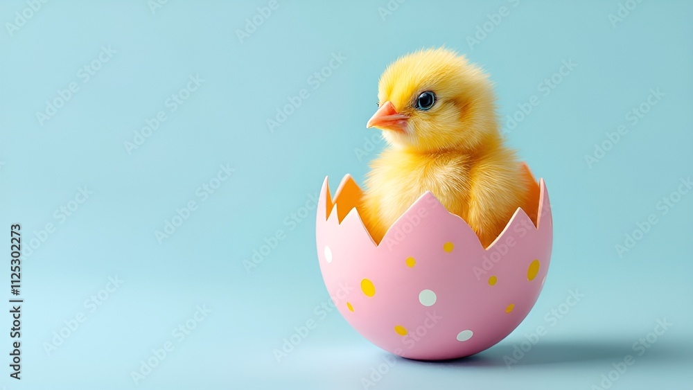 Newborn yellow chick emerging from a decorated pink easter egg on a light blue background, representing new life and spring celebrations Newborn yellow chick emerging from a decorated pink easter egg on a light blue background, representing new life and spring celebrations