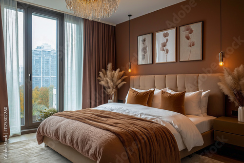 Modern bedroom interior in a skyscraper, color scheme Mocha Mousse, for business, for banners. The trending color is 2025.