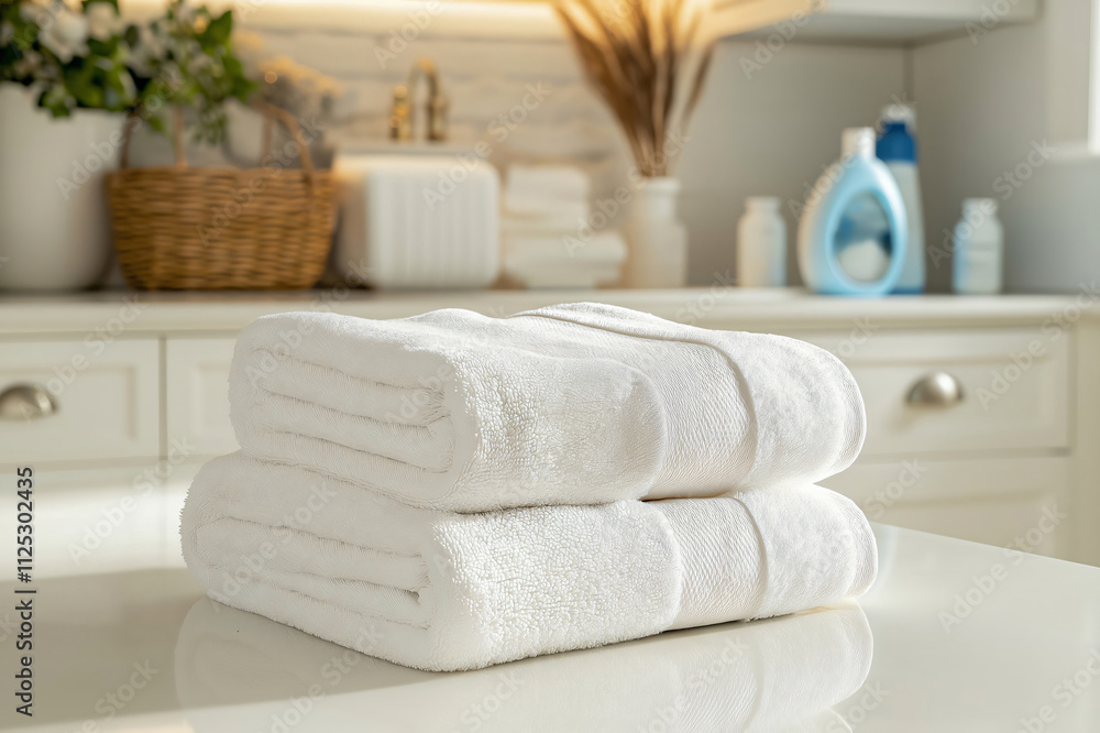 Stack of fresh clean white towels is laying on a table in a laundry room, waiting to be used Stack of fresh clean white towels is laying on a table in a laundry room, waiting to be used