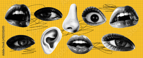 Surreal collage of facial features eyes, nose, mouth. Halftone Texture. Vector.