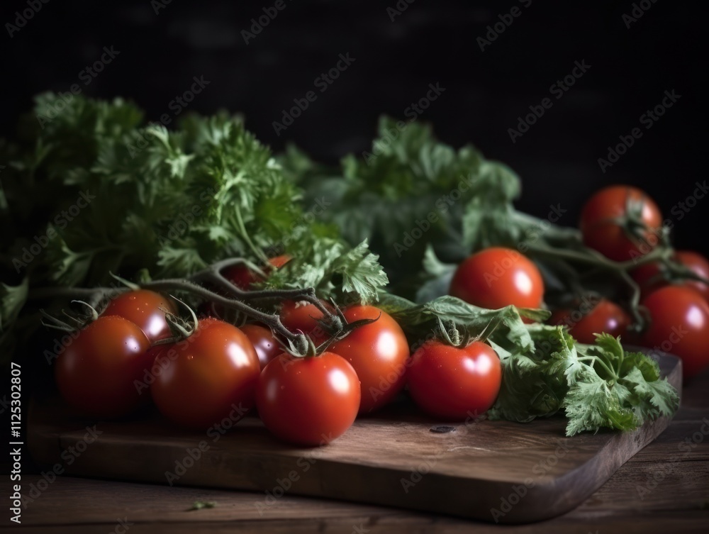 tomatoes and greens on a wooden table light from behind tomatoes and greens on a wooden table light from behind