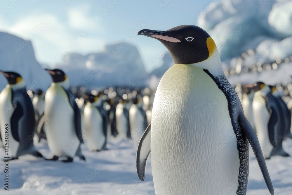 Fototapeta premium Emperor penguin standing out in its colony with snowy ice floe and glaciers in the background