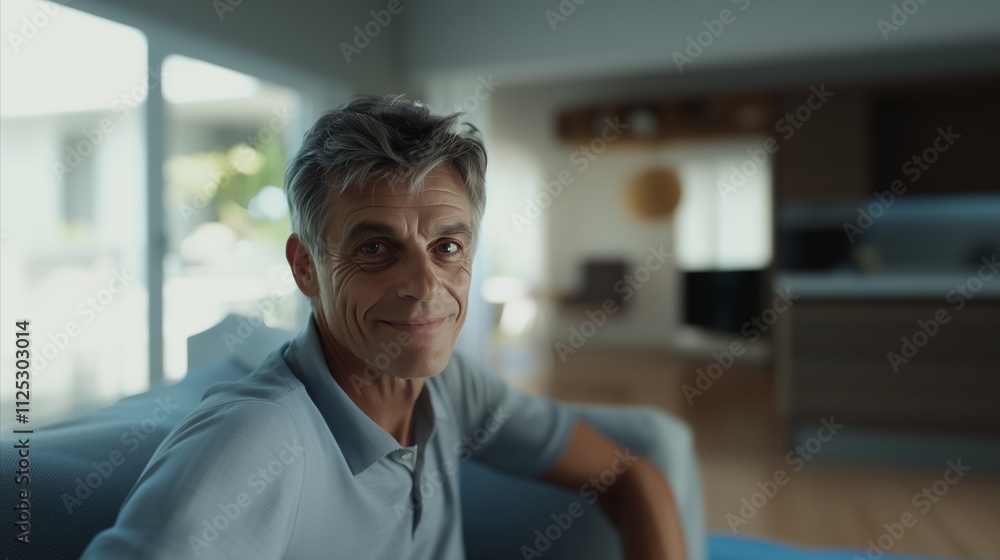 Man is sitting on a couch in a living room Man is sitting on a couch in a living room