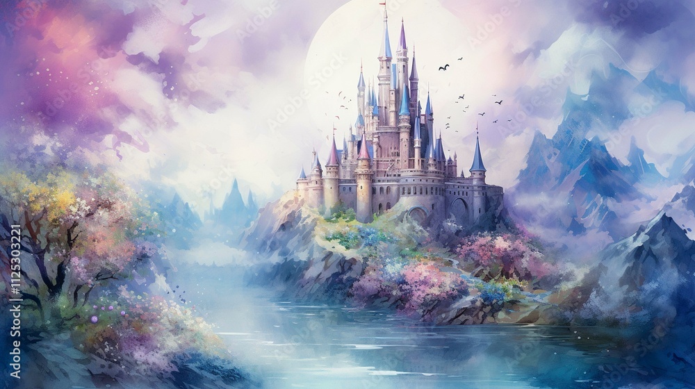 Naklejka premium A photo of a fantasy landscape watercolor painting