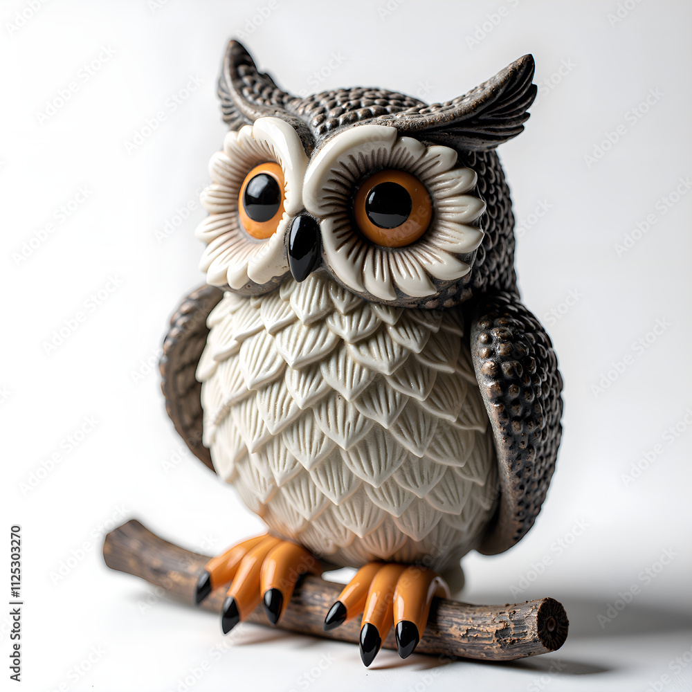 Obraz premium Charming owl sculpture with detailed feathers perched on a branch, photography of still life concept.