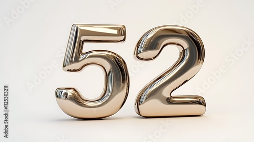 A smooth, elegant 3D number "52" in shiny bronze, with reflective surfaces on a solid white background,