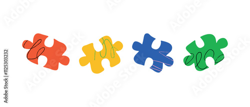 A minimalist doodle composition of puzzle pieces of various colors and patterns. The concept of unity, collaboration and uniqueness of each.