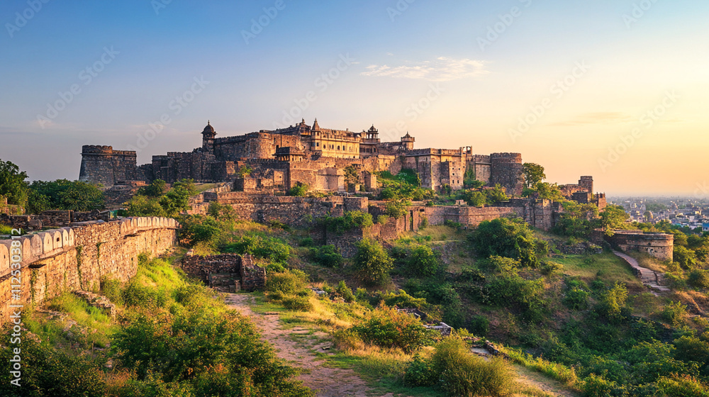 Historic fort surrounded by lush greenery and ancient stone walls overlooking a cityscape under a vibrant sunset sky Historic fort surrounded by lush greenery and ancient stone walls overlooking a cityscape under a vibrant sunset sky