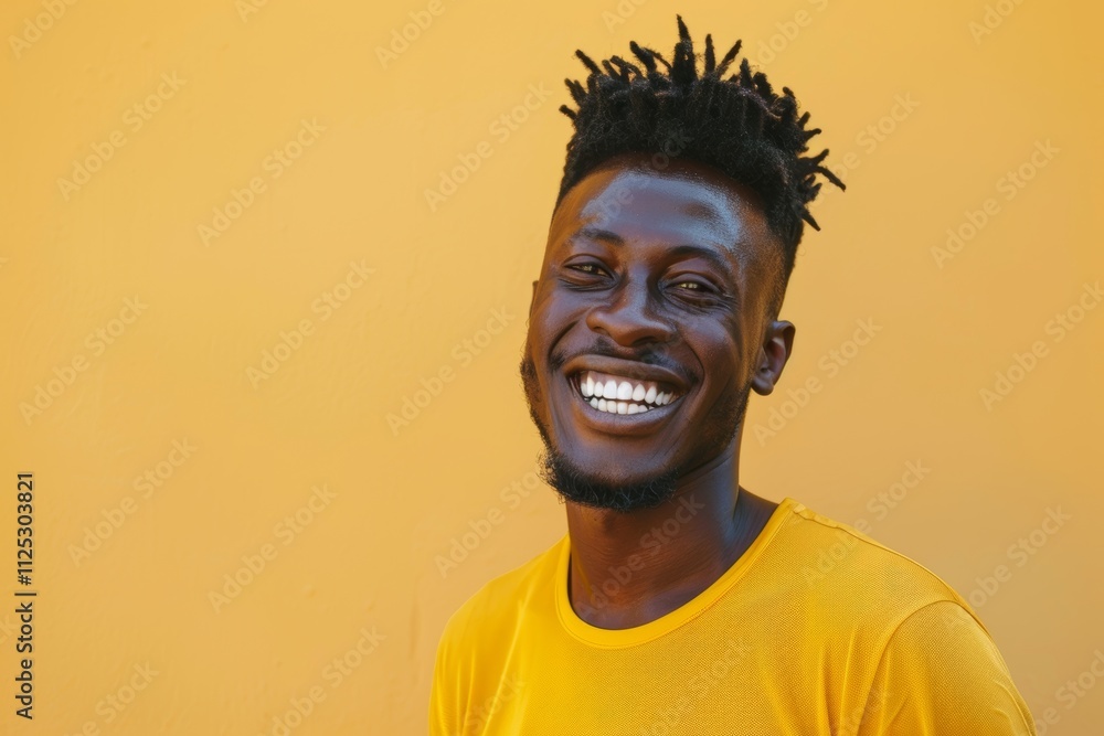 Portrait of a smiling man in his 30s sporting a breathable mesh jersey in front of pastel yellow background Portrait of a smiling man in his 30s sporting a breathable mesh jersey in front of pastel yellow background
