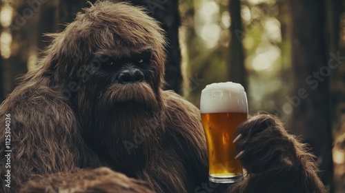 Bigfoot enjoys a refreshing beer in the woods